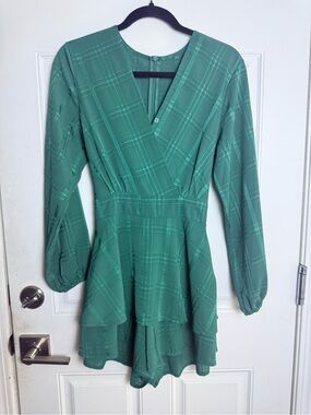 Green Long-Sleeve Wrap Romper Dress